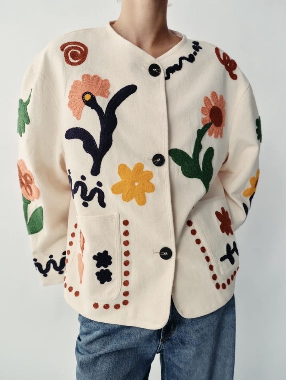 Zara Floral Embroidered Jacket Ecru